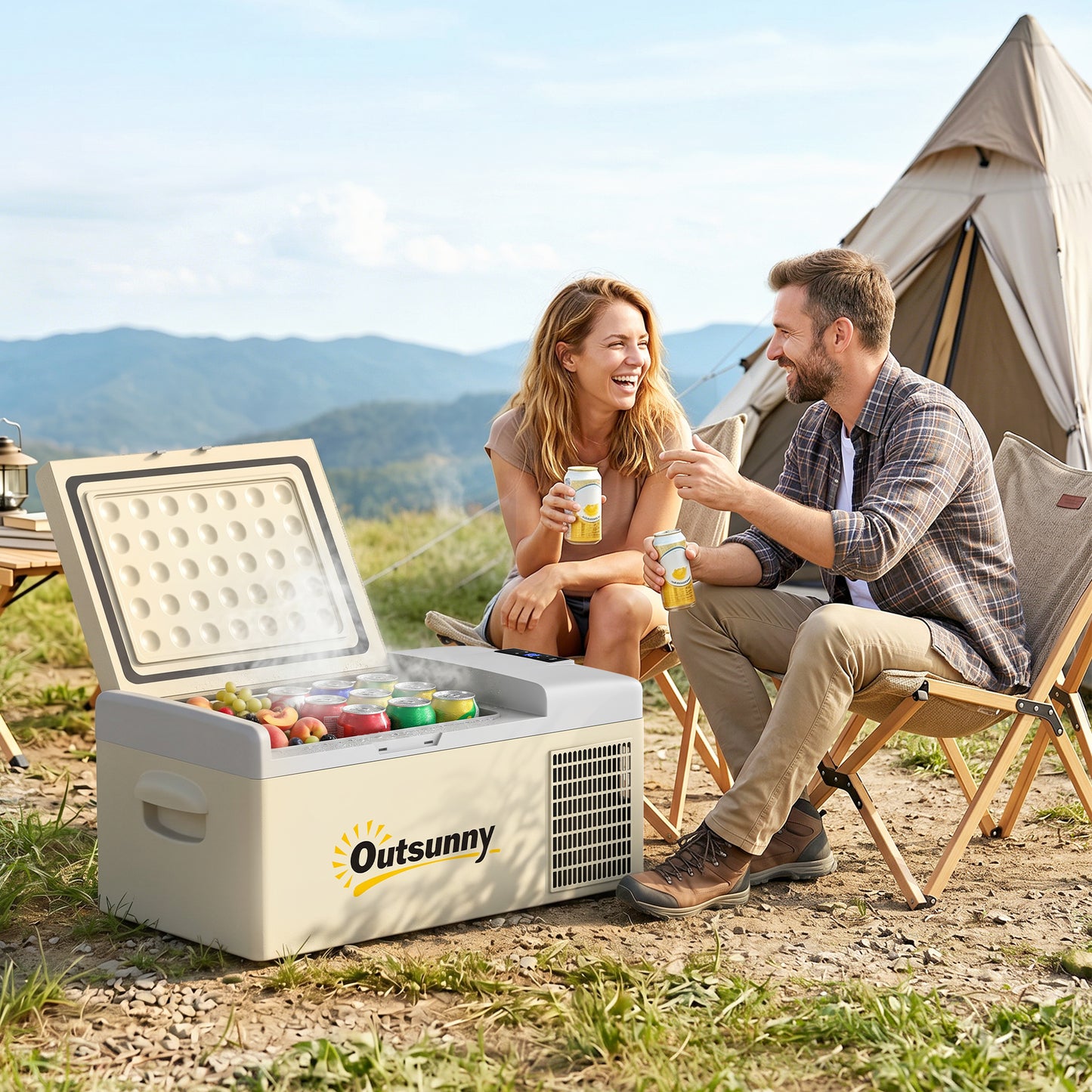 16L Portable Car Fridge, -20℃ to 10℃ Adjustable Temperature - Khaki/Grey