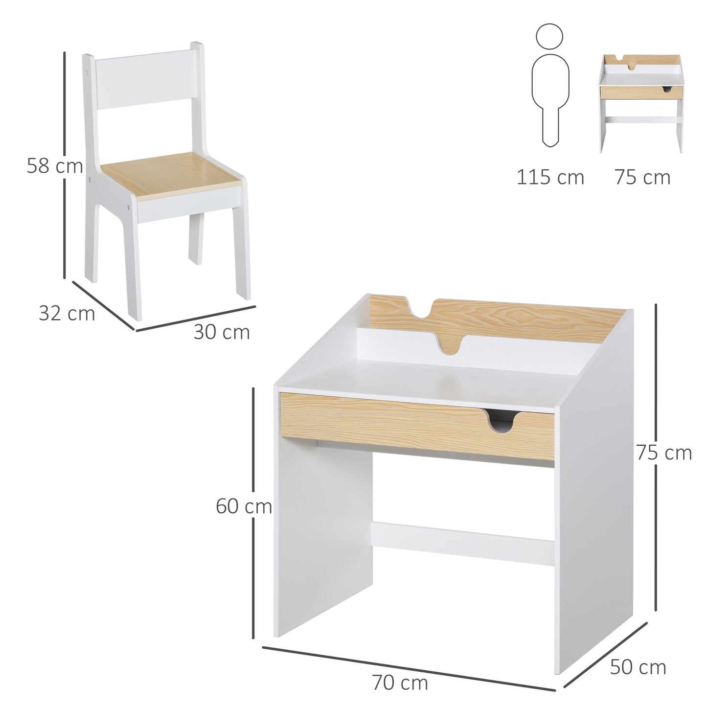 Kids Desk and Chair Set 2 Pieces Children Study Table with Storage Pull-Out Drawer Bookshelf for 3-6 Years Writing, Reading