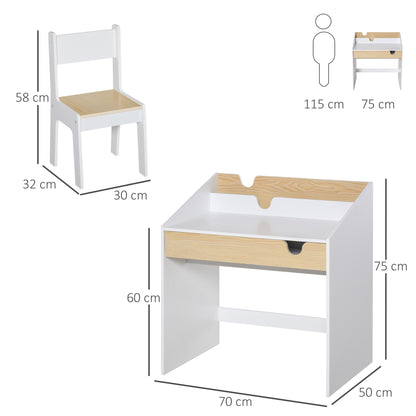 Kids Desk and Chair Set 2 Pieces Children Study Table with Storage Pull-Out Drawer Bookshelf for 3-6 Years Writing, Reading