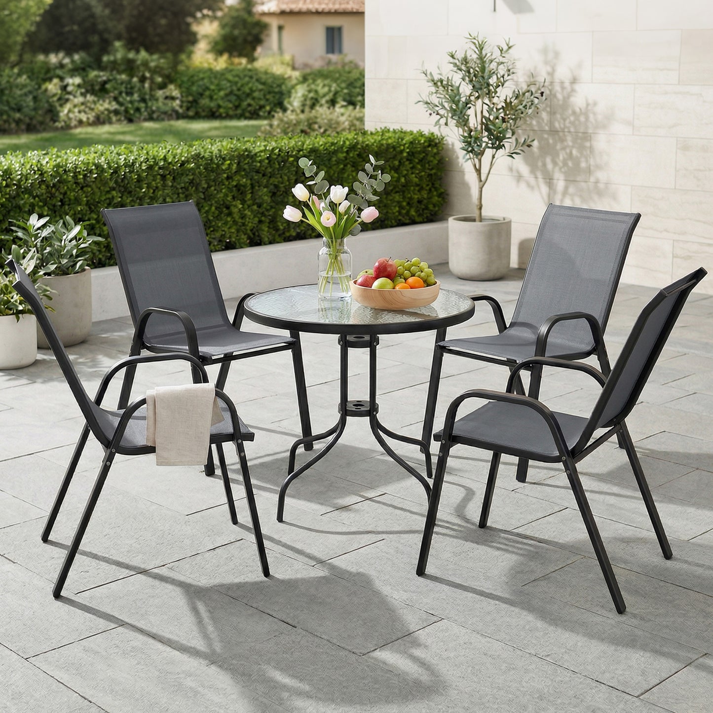 Five-Piece Steel Patio Set, with Glass-Top Table - Dark Grey