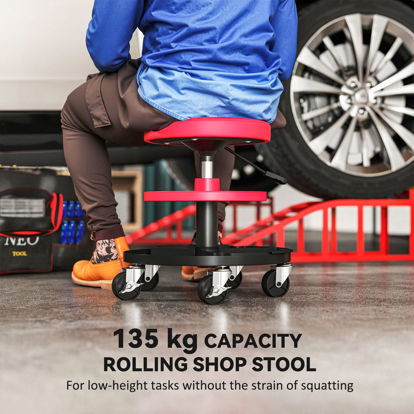 Rolling Mechanic Stool, 135kg Capacity Workshop Stool, 360° Swivel Roller Padded Creeper Seat with Wheels