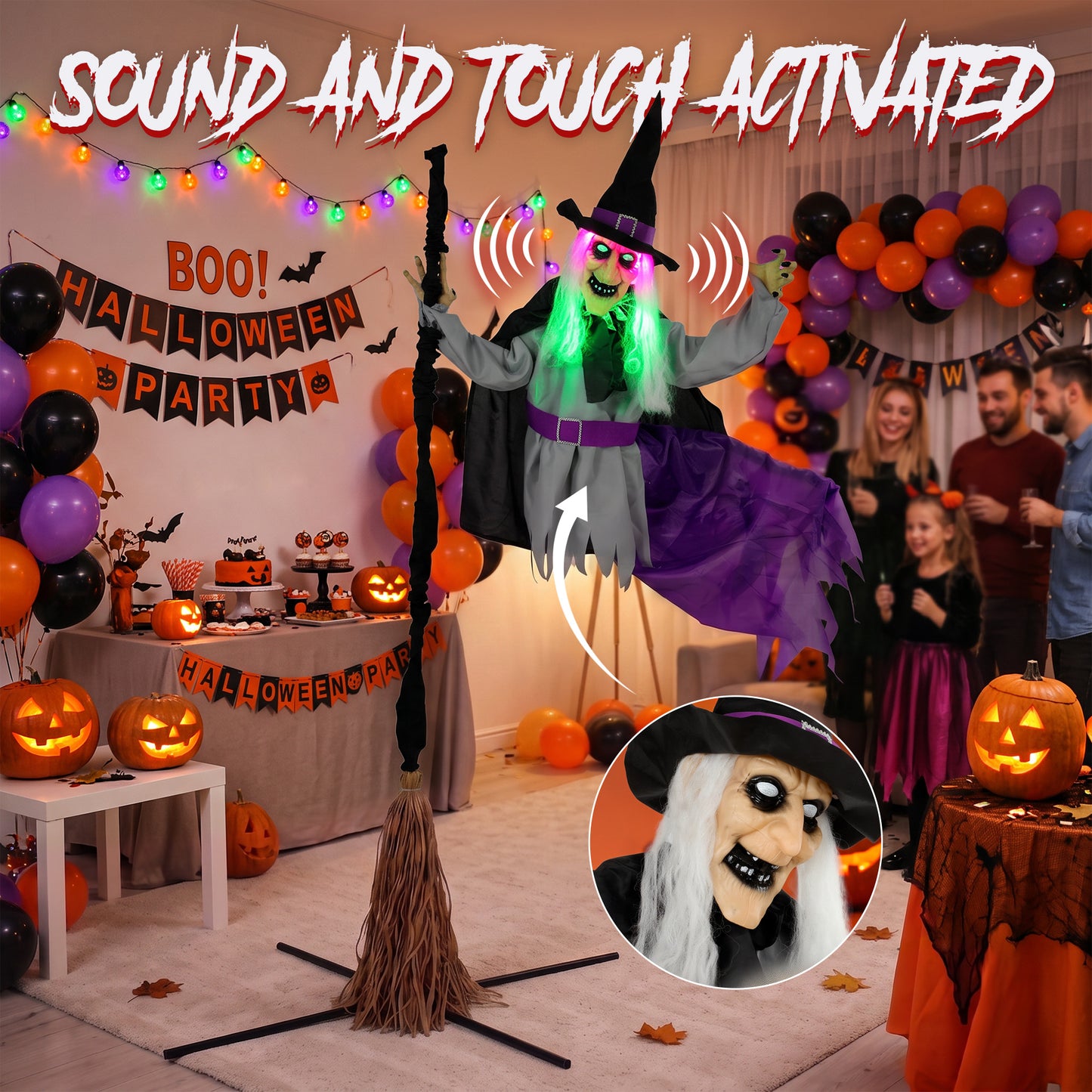 200cm Life Size Animated Flying Witch Halloween Decorations Outdoor Indoor, Scary Halloween Animatronics Decor