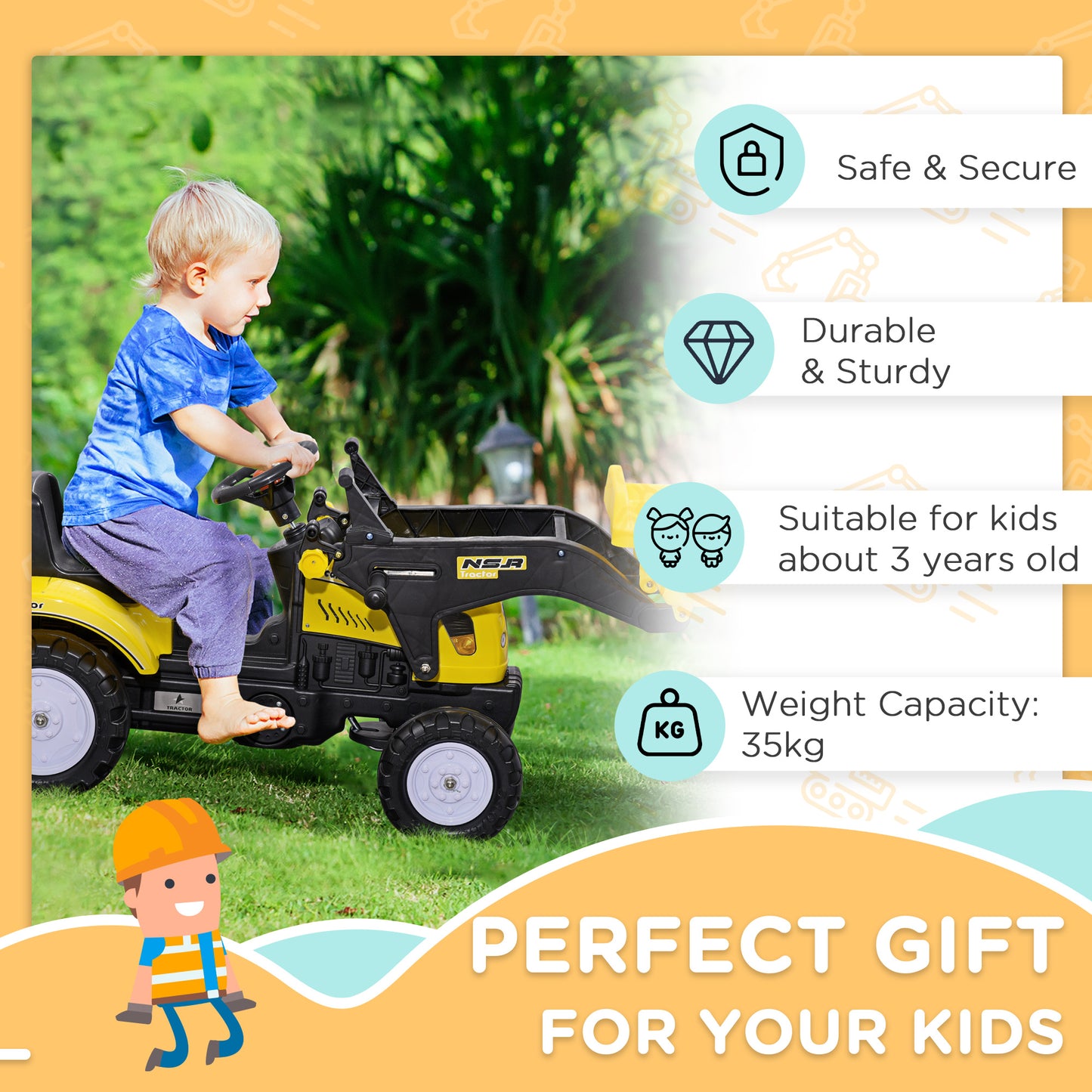 Ride On Tractor, Toddler Excavator Toy, Pretend Play Construction Truck with Adjustable Bucket, Horn for 3 Years+