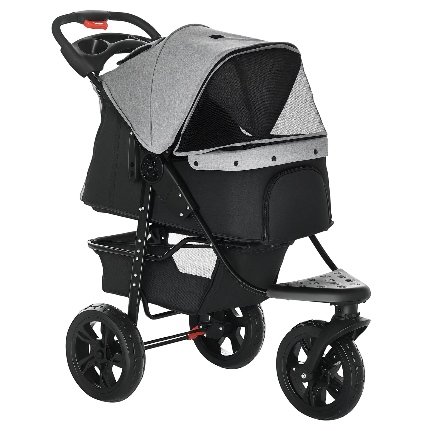 Dog Stroller Pram, 3-Wheel Foldable Pet Stroller with Invisible Sky Roof, for Small Dogs & Cats, Red