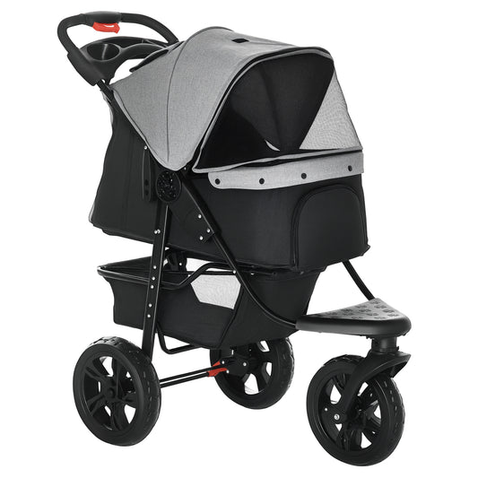 Dog Stroller Pram, 3-Wheel Foldable Pet Stroller with Invisible Sky Roof, for Small Dogs & Cats, Red