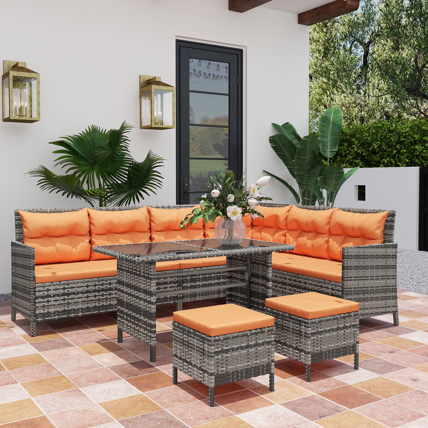 7-Seater Patio wicker Sofa Set Rattan Chair Furniture w/ Glass & Cushioned, Orange