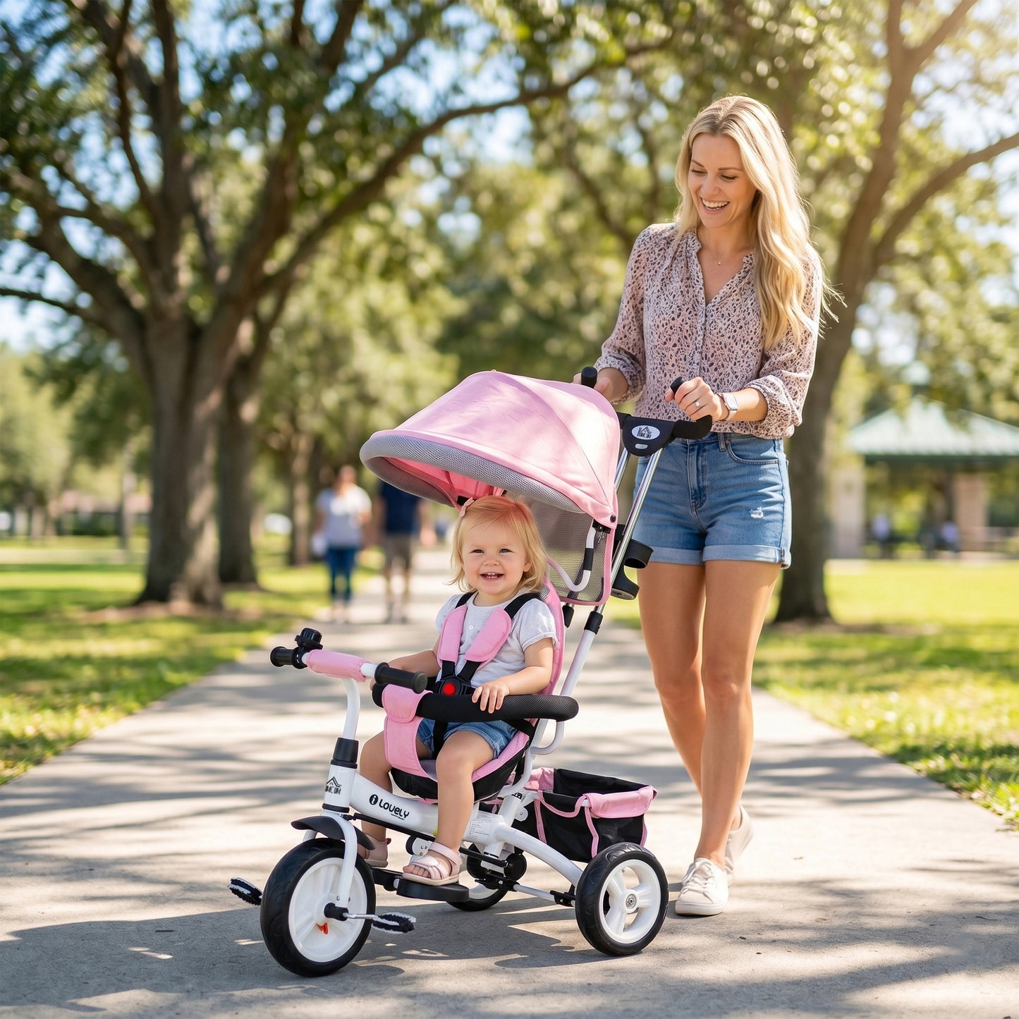 6 in 1 Kids Trike Push Bike w/ Push Handle, Canopy, 5-point Seat Belt, Storage, Footrest, Brake, for 1-5 Years, Pink