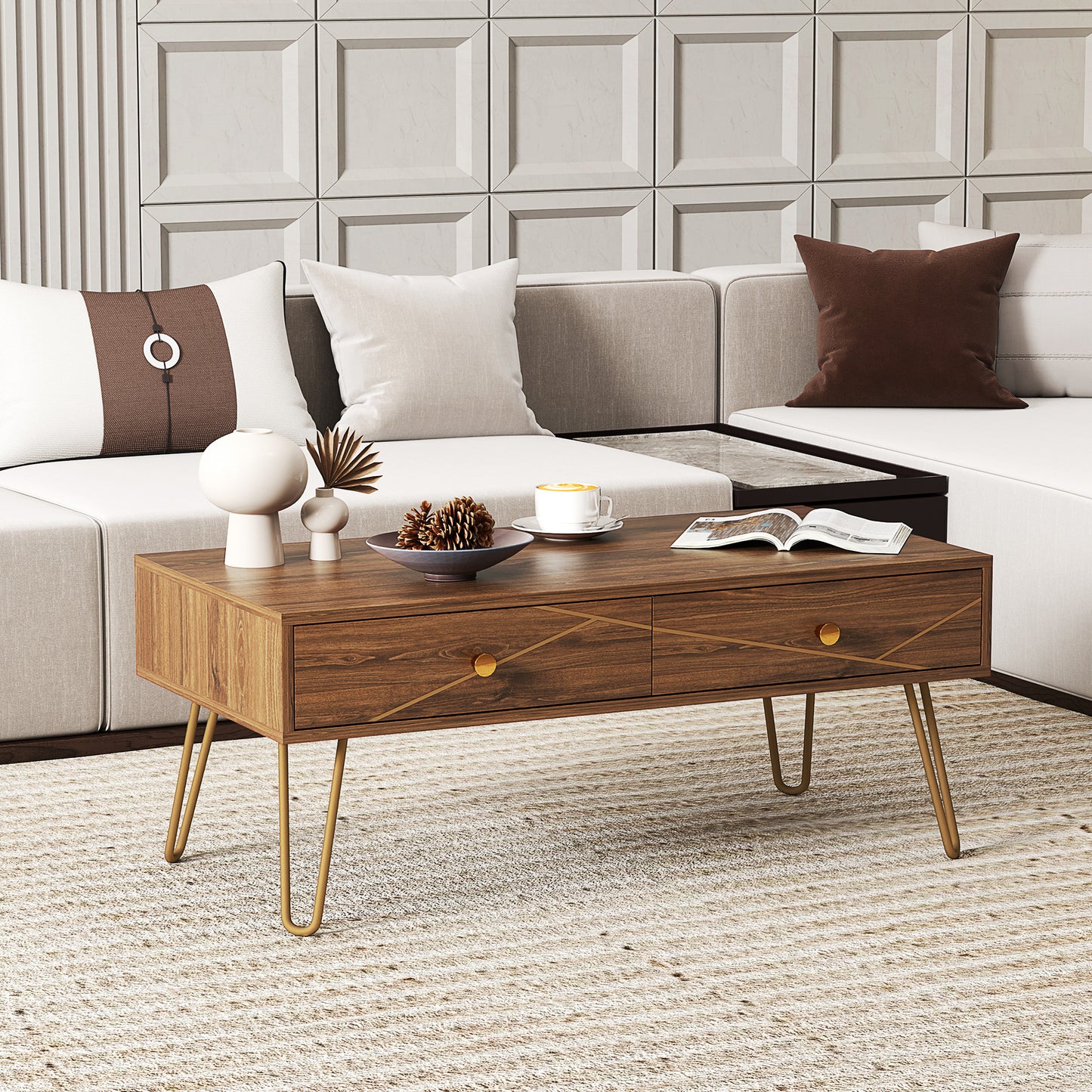 Coffee Table with Storage, Living Room Table with Drawers, Rectangular Tea Table with Steel Base for Home, 100 x 50 x 41 cm