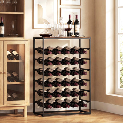 30 Bottles Wine Rack, 6 Tier Free Standing Wine Storage Holder with Wood Effect Tabletop, Rustic Brown