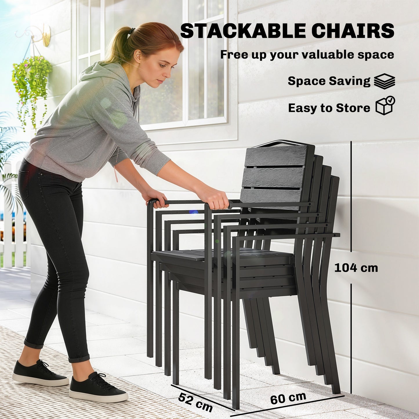 Stackable Garden Chairs Set of 4, Garden Dining Chairs with Slatted HDPE Seat Back, Armrests, Metal Frame, Black