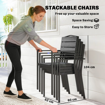 Stackable Garden Chairs Set of 4, Garden Dining Chairs with Slatted HDPE Seat Back, Armrests, Metal Frame, Black