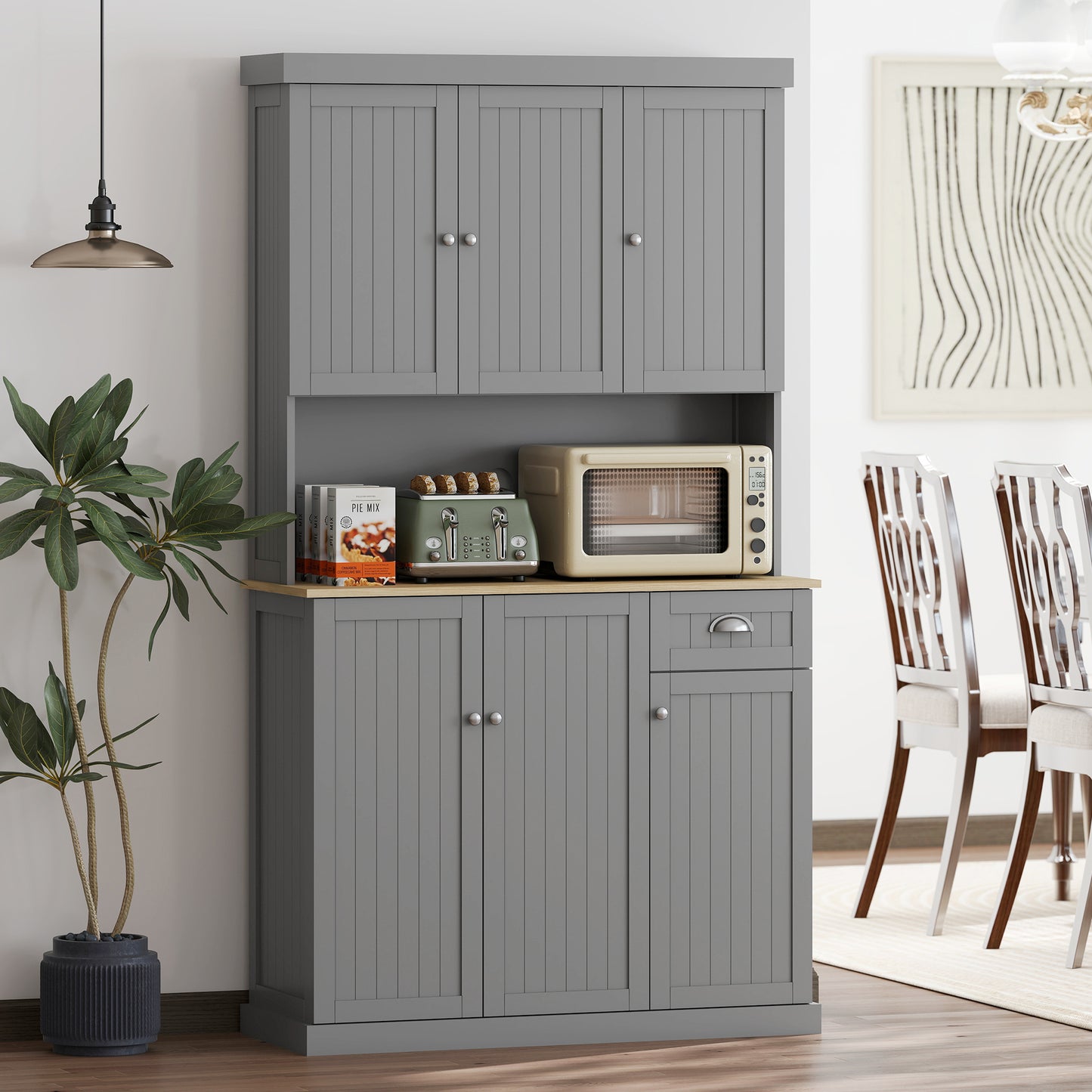 180cm Freestanding Kitchen Cabinet, Modern Storage Cupboard with Open Countertop, Drawer and 6 Doors, Grey
