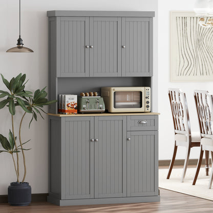 180cm Freestanding Kitchen Cabinet, Modern Storage Cupboard with Open Countertop, Drawer and 6 Doors, Grey