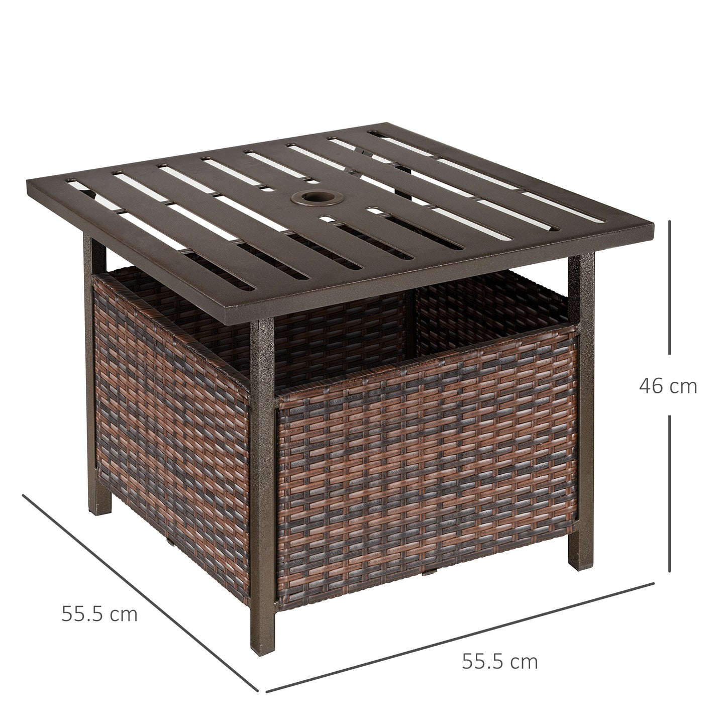 Rattan Garden Coffee Table, 55.5 cm Square Wicker Patio Side Coffee Table with 4 cm Umbrella Hole