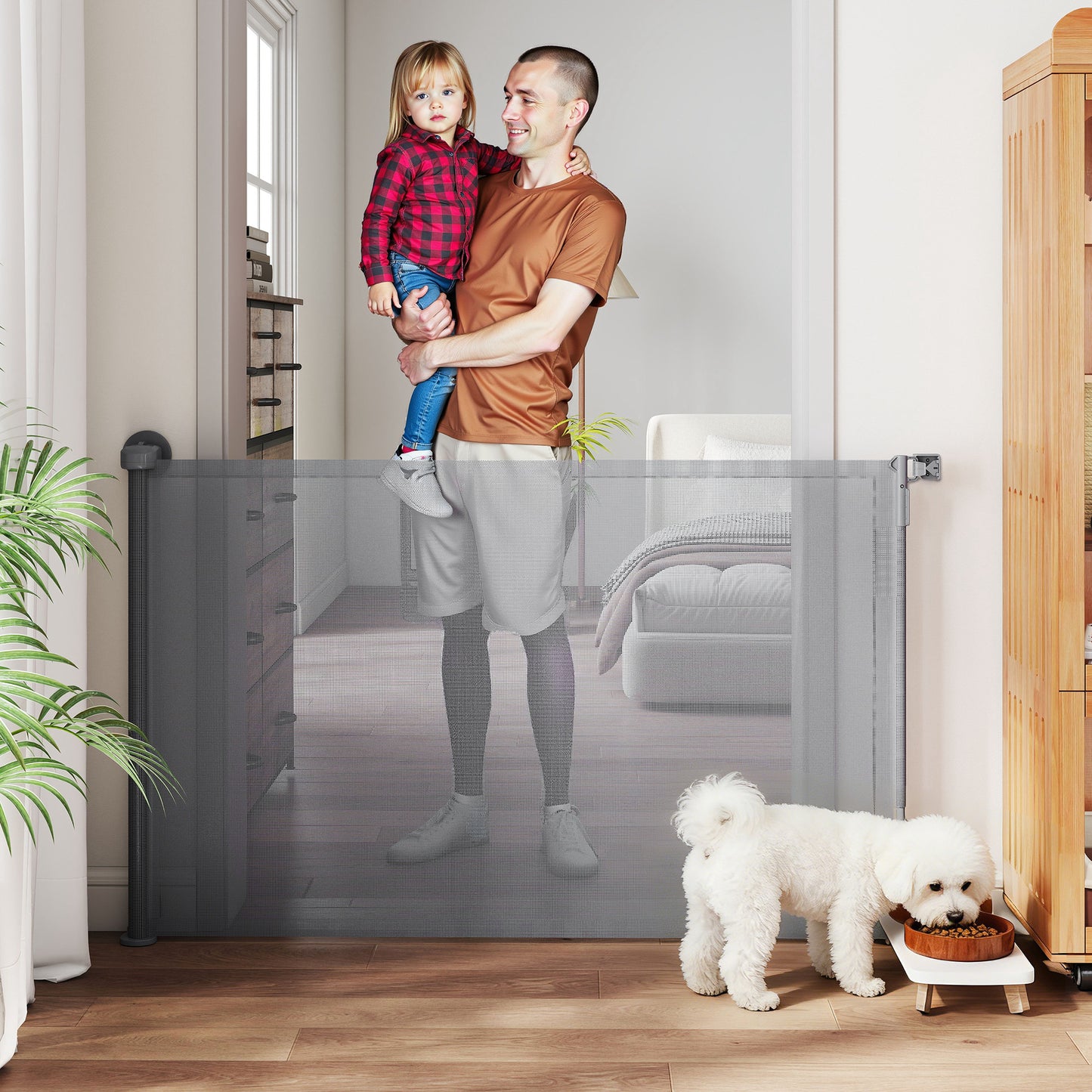 Retractable Dog Gate, Extends to 140 cm Wide & 93 cm Tall, Mesh Pet Gate with Single Hand Operation, for Stairs Doorways