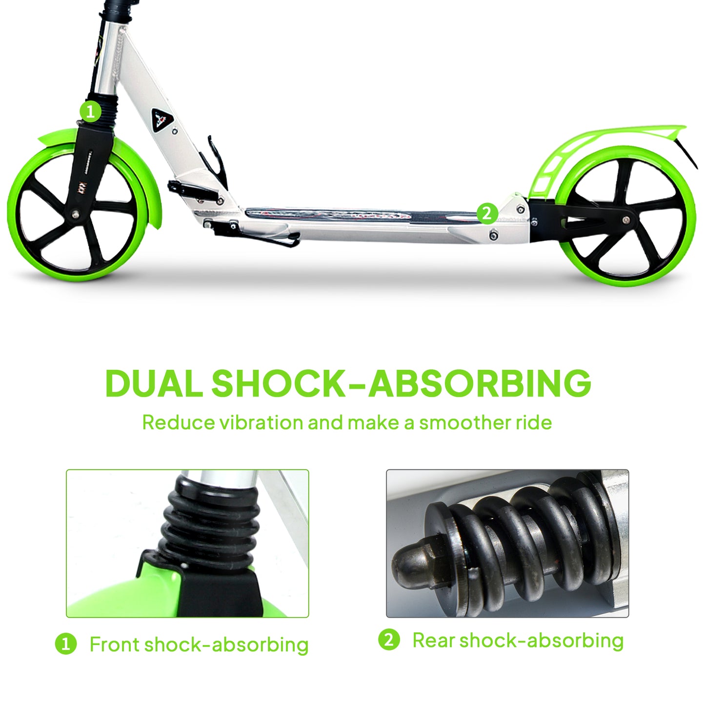 Folding Kick Scooter, Adjustable Ride On Scooter with 200mm Big Wheels and Double Shock Absorption