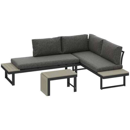 4 Seater L Shaped Aluminium Sectional Garden Furniture Set with 2 Loveseats and Wood-Plastic Coffee Table - Dark Grey