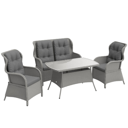 Garden PE Rattan Dining Sofa Set, Outdoor 4 Seater Wicker Furniture, High Back Chairs with Cushions
