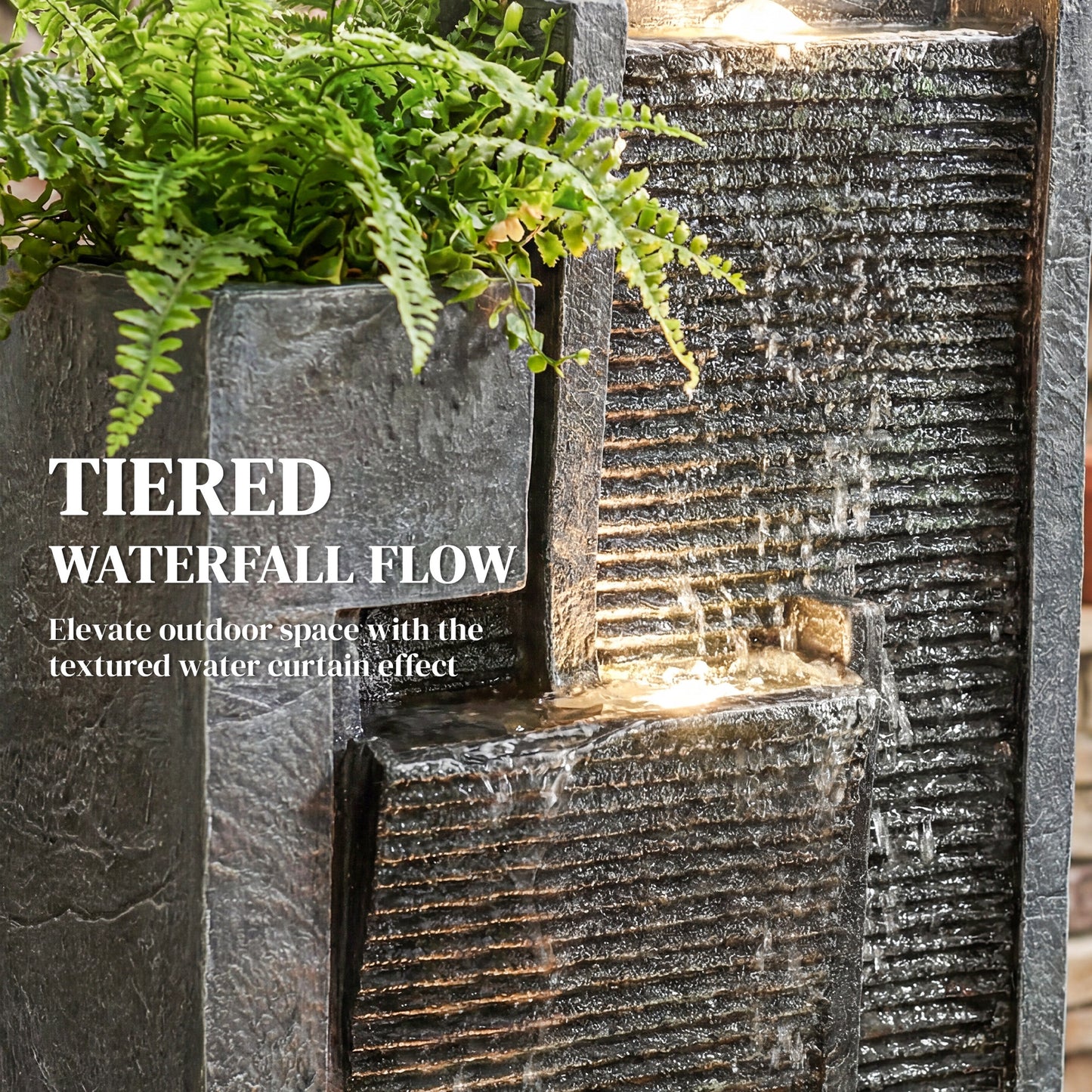 Water Feature with LED Lights and Planter, 3-Tier Garden Water Fountain with Pump, Resin Waterfall Feature, Dark Grey