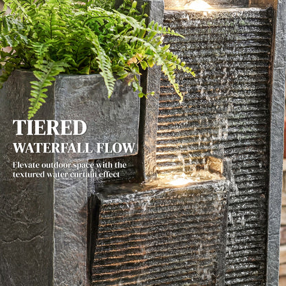 Water Feature with LED Lights and Planter, 3-Tier Garden Water Fountain with Pump, Resin Waterfall Feature, Dark Grey