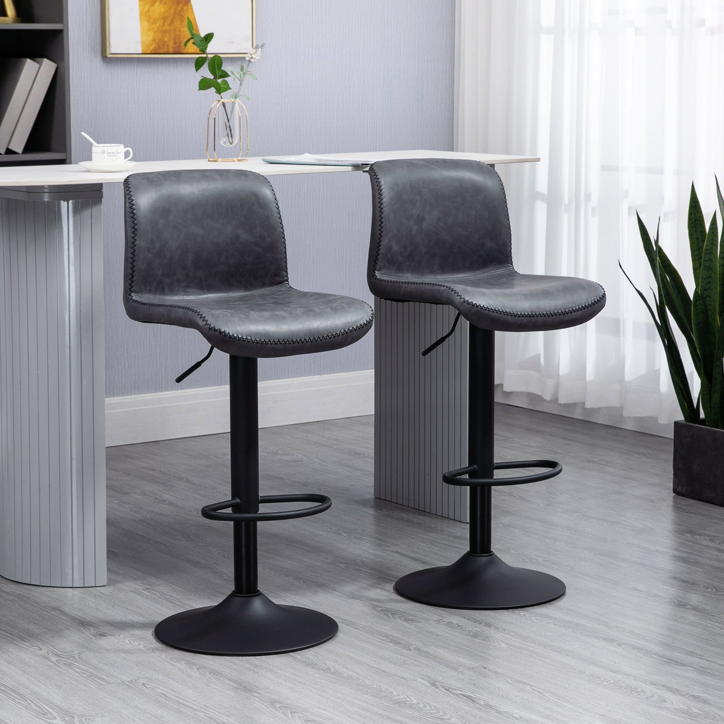 Bar Stools Set of 2, PU Leather Barstools with Backrest and Footrest for Kitchen, Counter, Breakfast Bar, Dark Grey