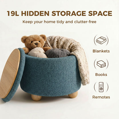 Storage Sitting Bench with Lid, Round Storage Ottoman with Rubberwood Legs, Dark Blue