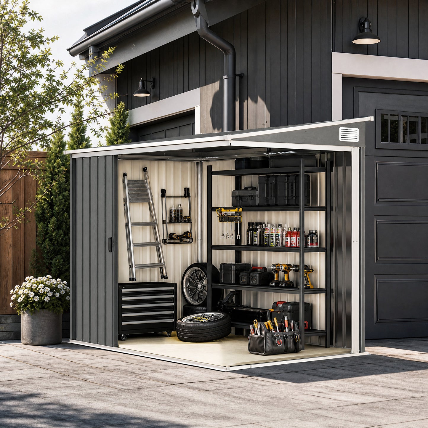 7 x 5ft Galvanised Metal Shed, with Sliding Door - Light Grey