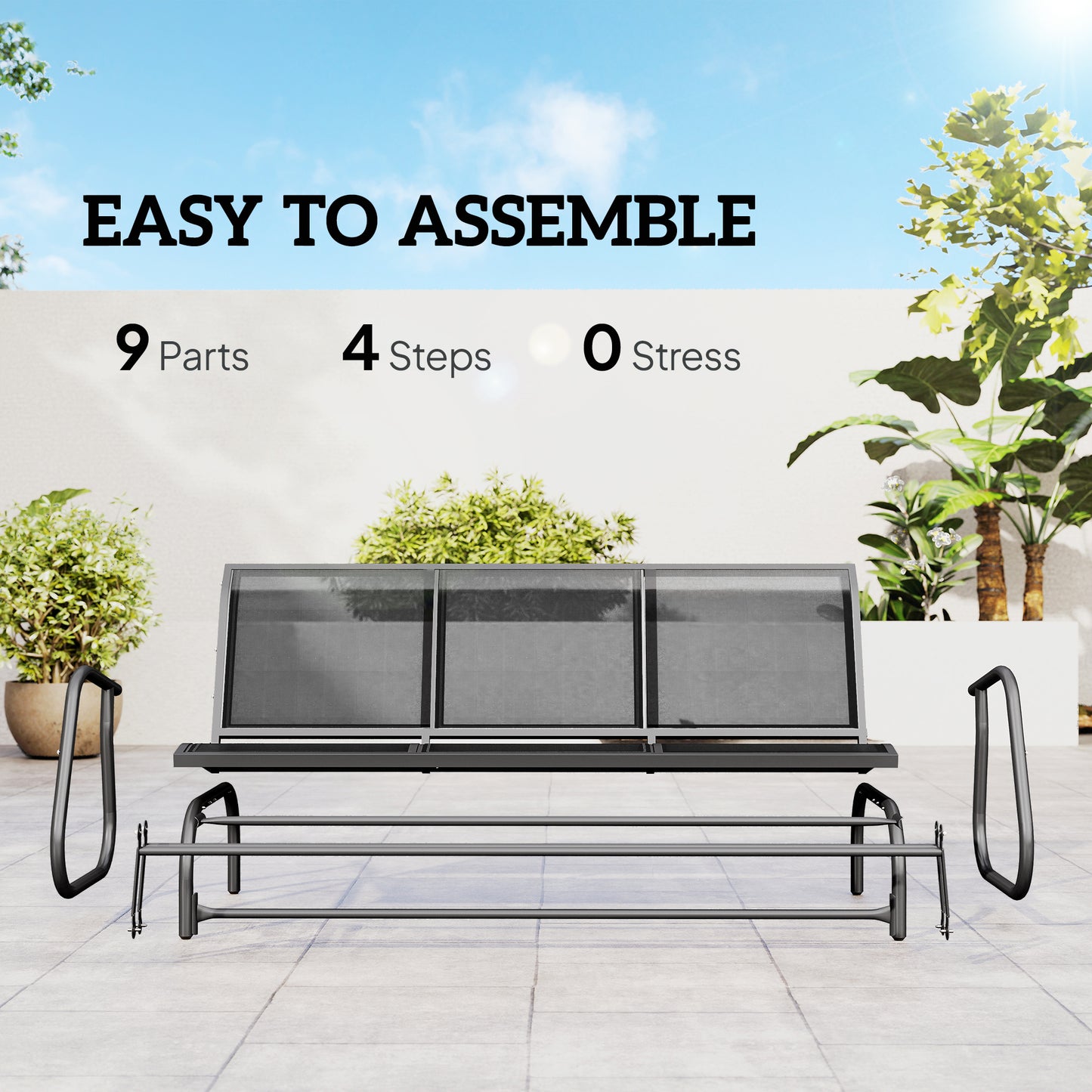 3-Seat Glider Rocking Chair for 3 People Garden Bench Patio Furniture Metal Frame, Grey