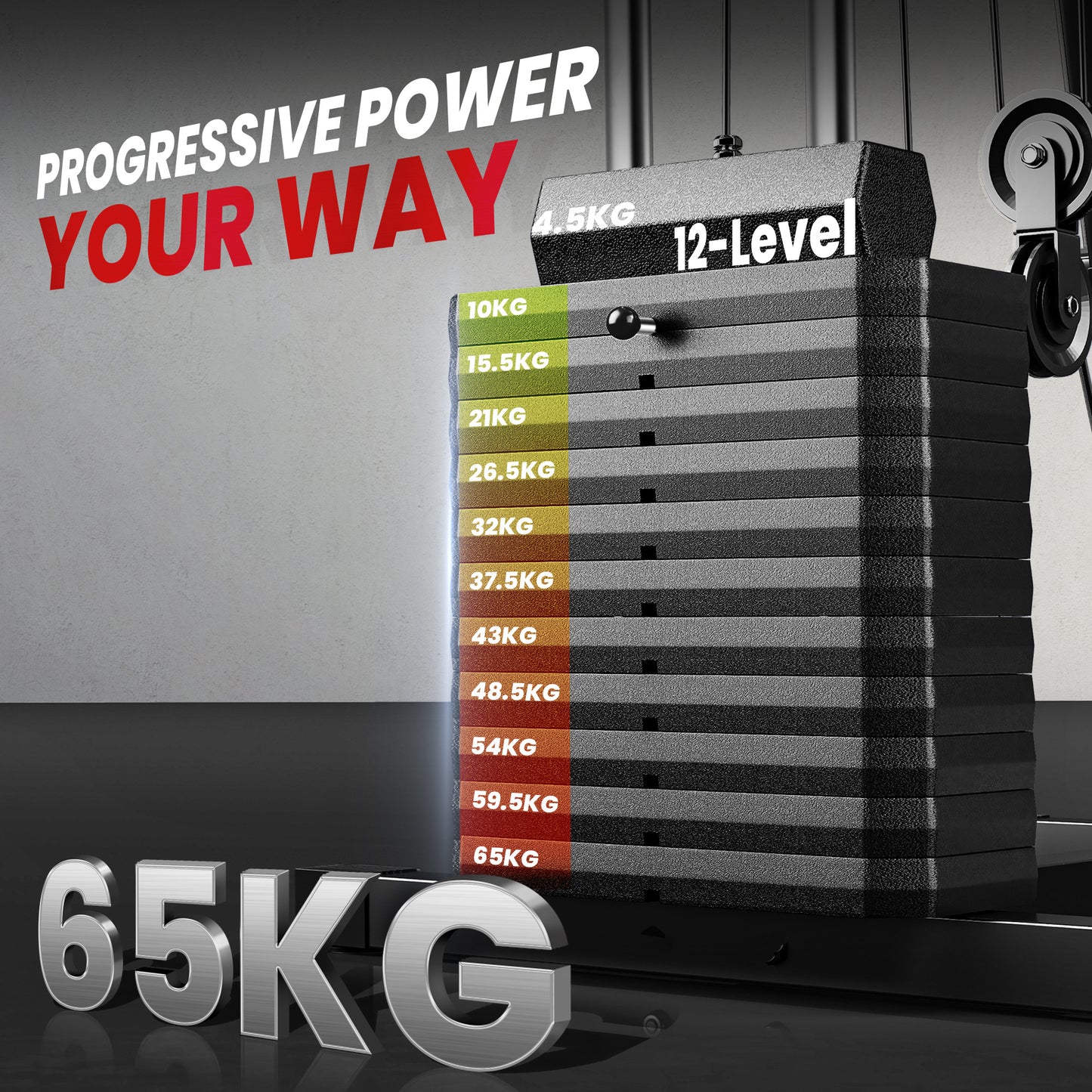 Multigym Station, with 66KG Weight Stack, for Strength Training - Red & Black