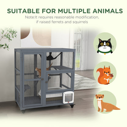 Cat House, Wooden Indoor Catio Cat Enclosure on Wheels, Wooden Kitty Cage with Platforms, Hammock, Light Grey