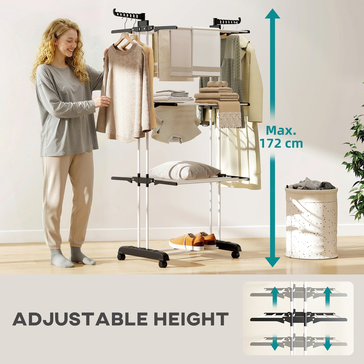 Foldable Clothes Drying Rack, 4-Tier Steel Garment Laundry Rack with Castors for Indoor and Outdoor Use, Black