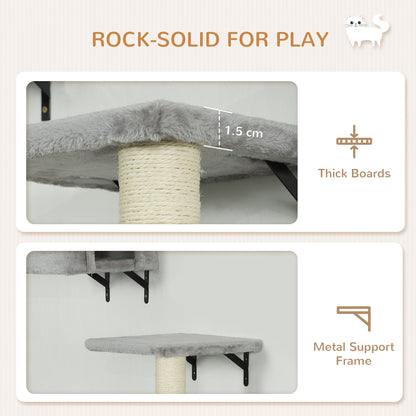 6-Piece Cat Wall Shelves Set with Condo, Cat Wall Furniture with Platforms, Sisal Scratching Post, Bed, Toy Ball, Grey