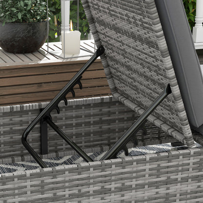 Outdoor Patio PE Rattan Lounger with Cushion, 5-Level Reclining Wicker Rattan Sun Lounger with Tea Tray, for Poolside, Patio