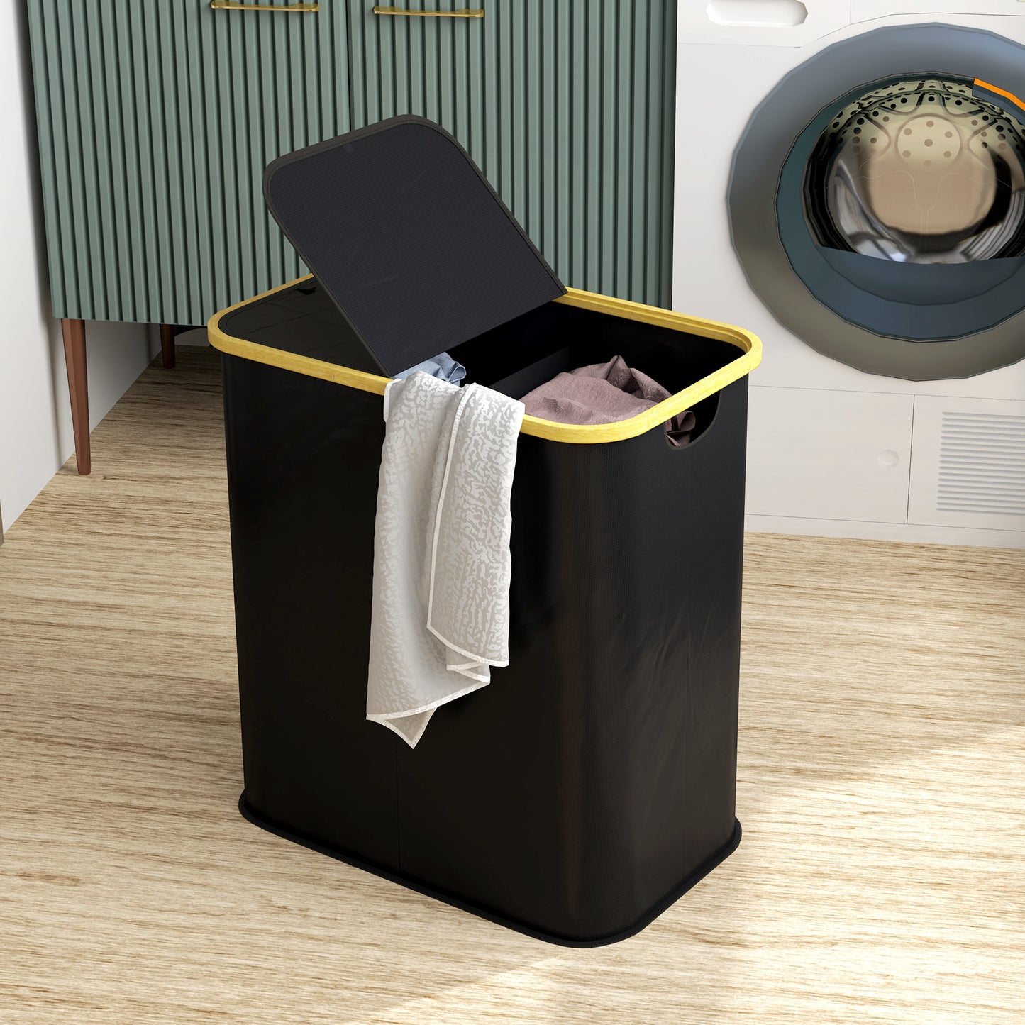 Double Laundry Basket With Lid, 80L Collapsible Laundry Hamper with Groove Handles, Washing Basket for Bathroom, Bedroom