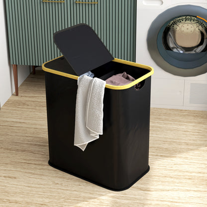 Double Laundry Basket With Lid, 80L Collapsible Laundry Hamper with Groove Handles, Washing Basket for Bathroom, Bedroom
