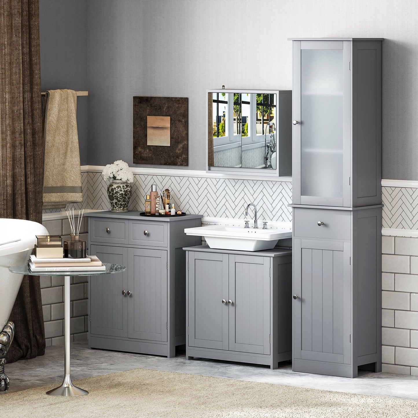 Under Sink Bathroom Cabinet, Freestanding Under Sink Cabinet with 2 Doors and Adjustable Shelf for Basin without or with Pede