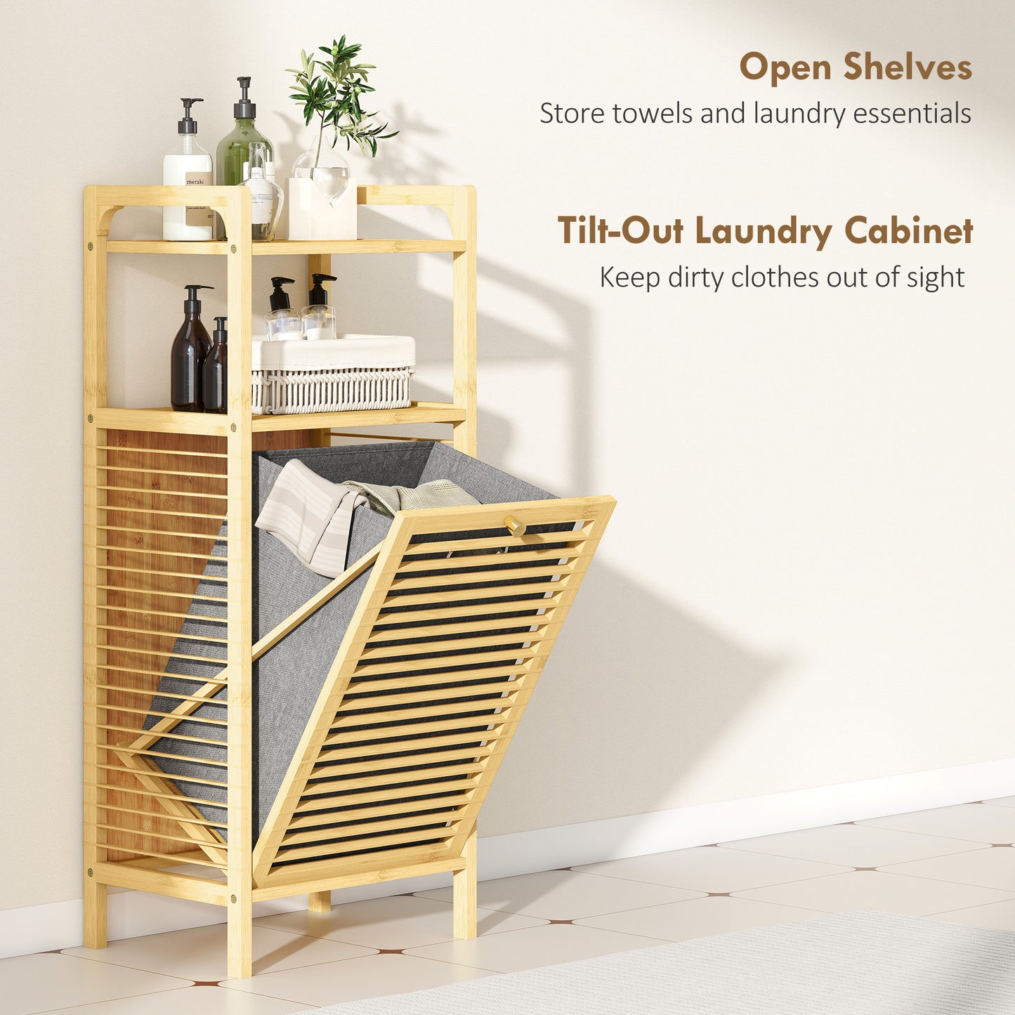 Bamboo Laundry Cabinet with Slatted Door, Bathroom Cabinet with Tilt-Out Hamper and Removable Liner Bag, 40 x 30D x 95 cm