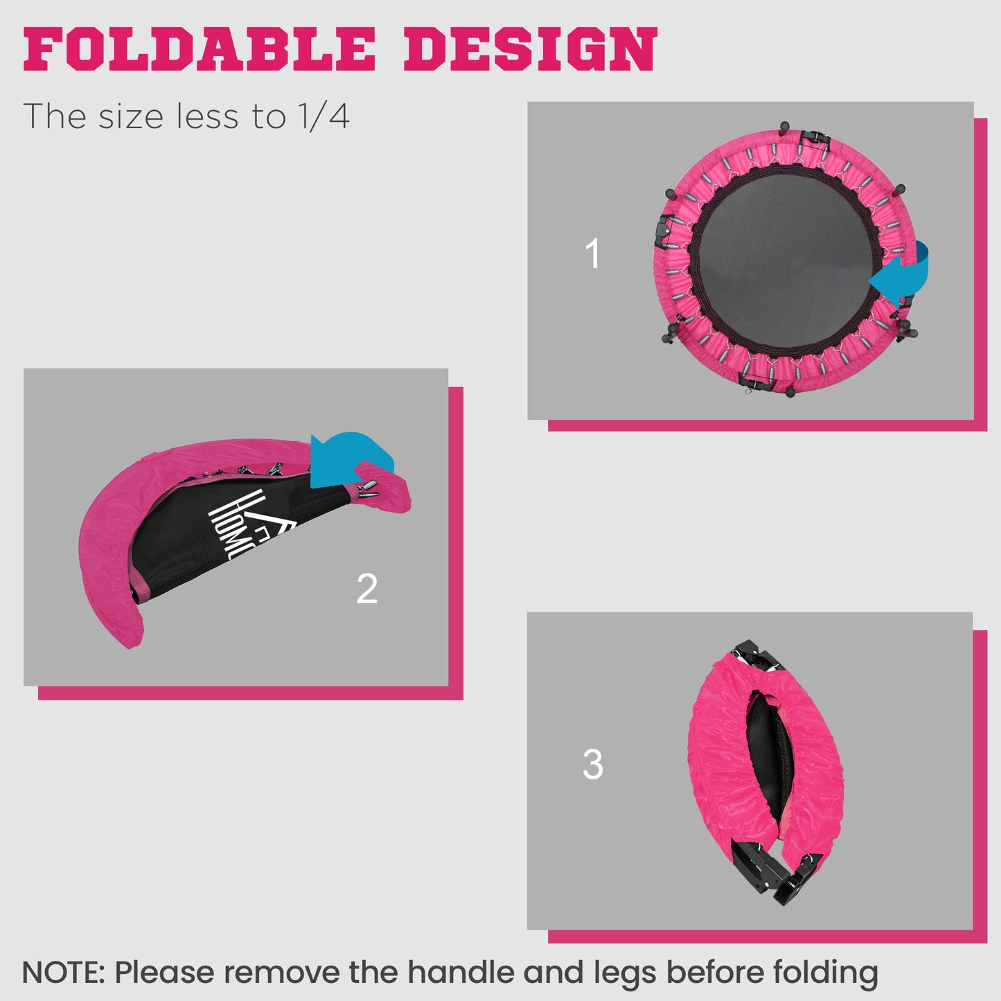 40" Foldable Mini Fitness Trampoline, with Adjustable Foam Handle, Pink
