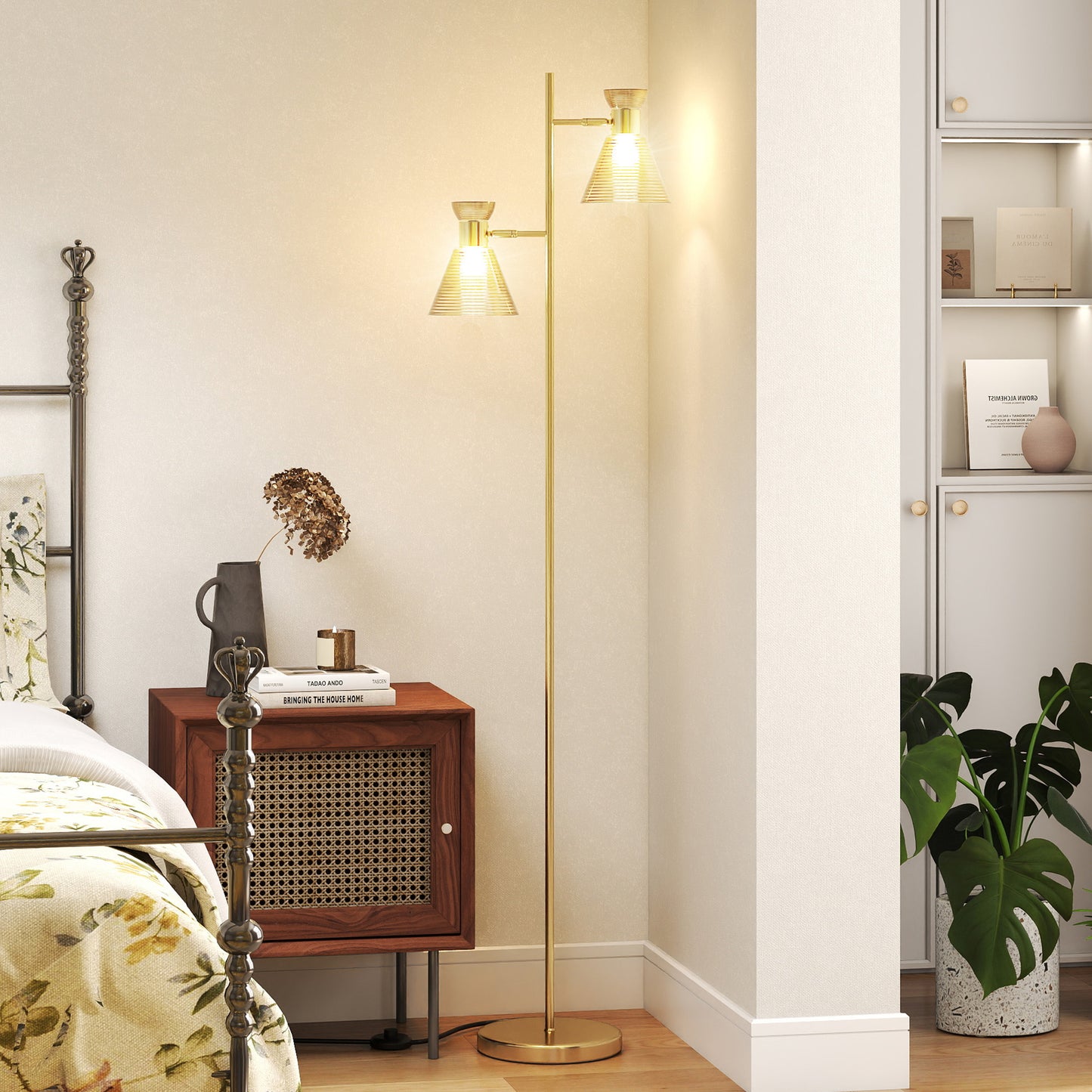 Floor Lamp with Adjustable Dual Head, Modern Standing Lamp with Floral Glass Shades and Foot Switch for Living Room Bedroom