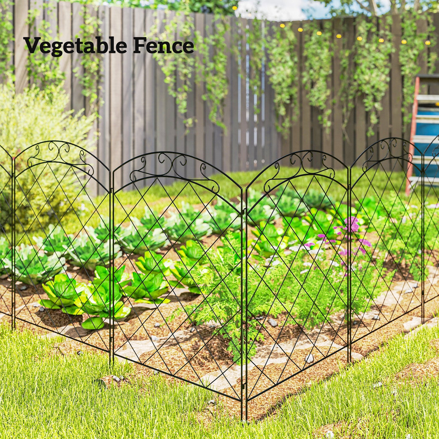 Steel Decorative Swirls Outdoor Picket Fence Panels Set of 4, Black