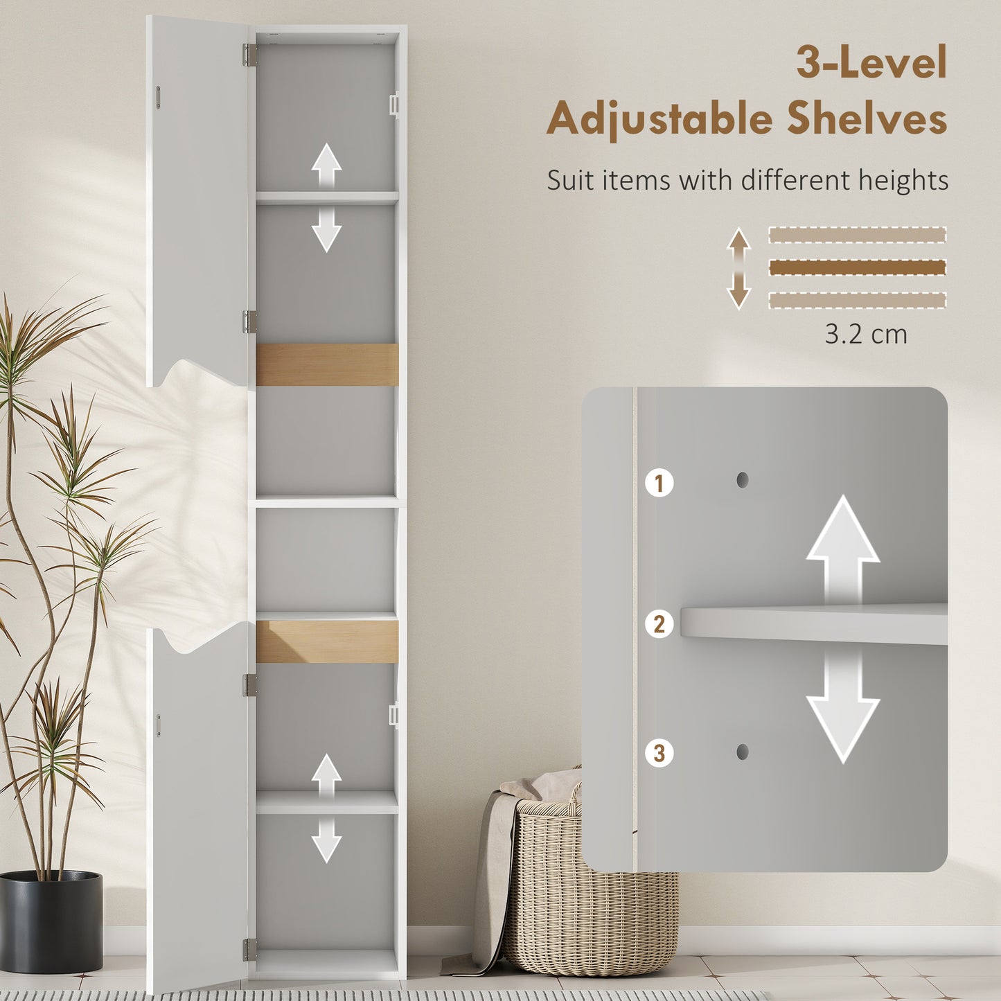 Tall Slim Bathroom Cabinet with 2 Doors, 2 Shelves - White