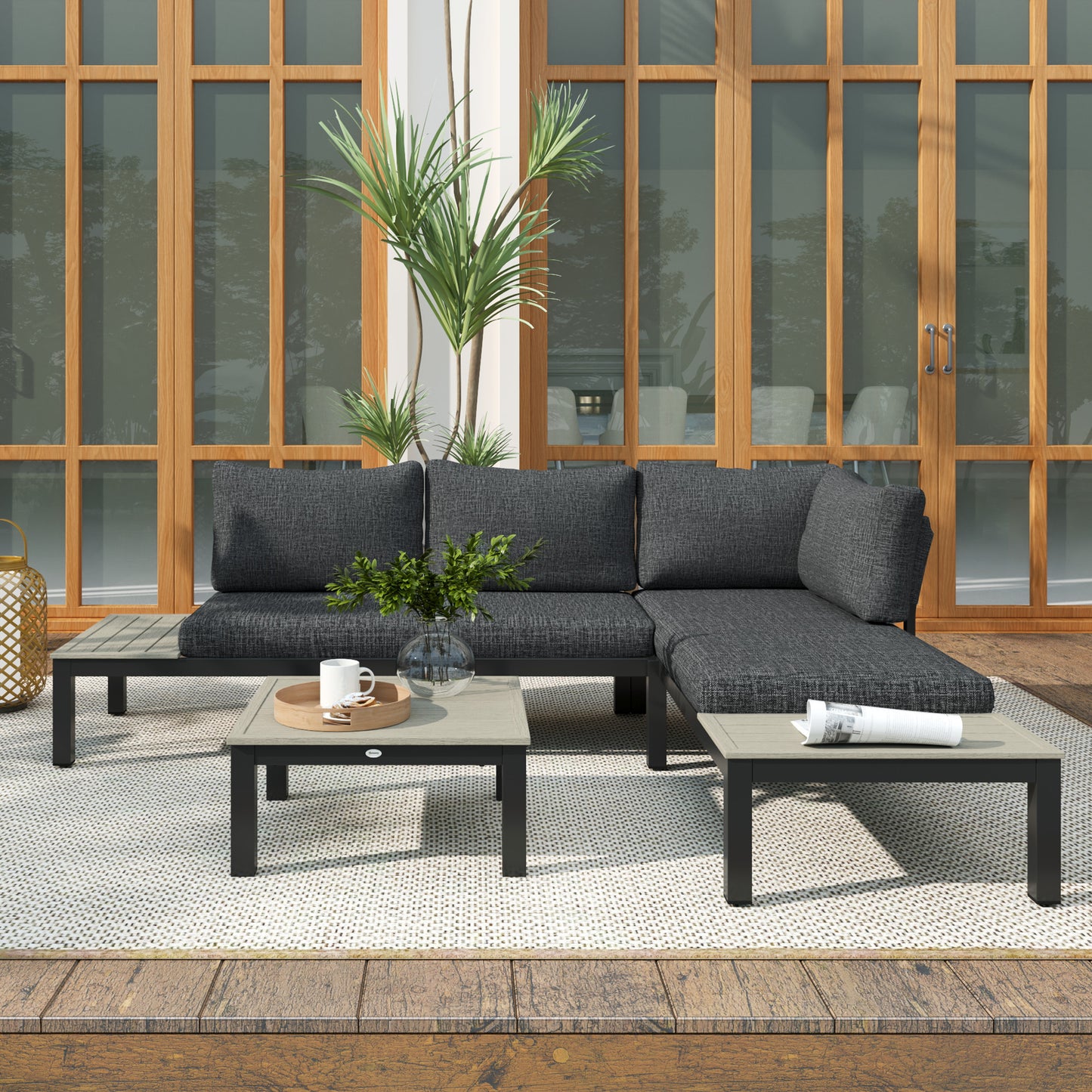 3 Pieces Garden Furniture Set, Aluminium 4 Seater Corner Sofa Set with 2 Loveseats, Coffee Table and Side Trays