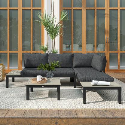 3 Pieces Garden Furniture Set, Aluminium 4 Seater Corner Sofa Set with 2 Loveseats, Coffee Table and Side Trays