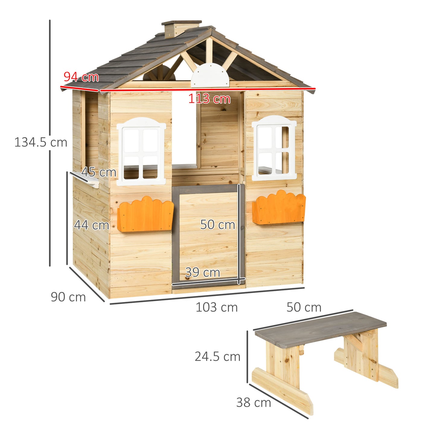 Wooden Playhouse for Kids Outdoor Wendy House with Door, windows, Bench, Service Stations, Flowerpot Holder