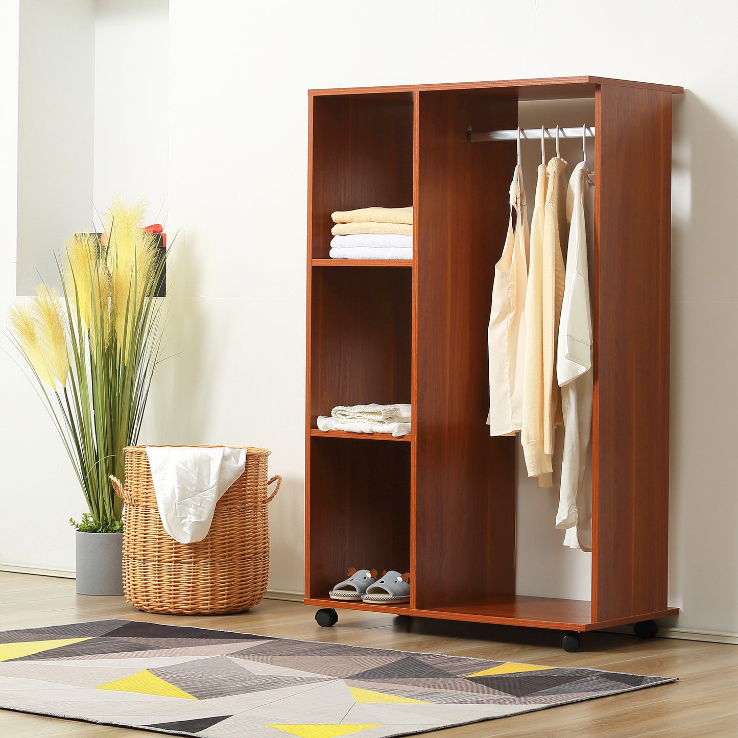 Open Wardrobe on Wheels, Bedroom Wardrobe with Clothes Hanging Rail, 3 Storage Shelves, Mobile Garment Rack for Cloakroom