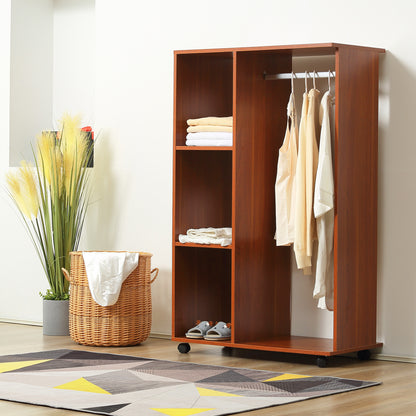 Open Wardrobe on Wheels, Bedroom Wardrobe with Clothes Hanging Rail, 3 Storage Shelves, Mobile Garment Rack for Cloakroom