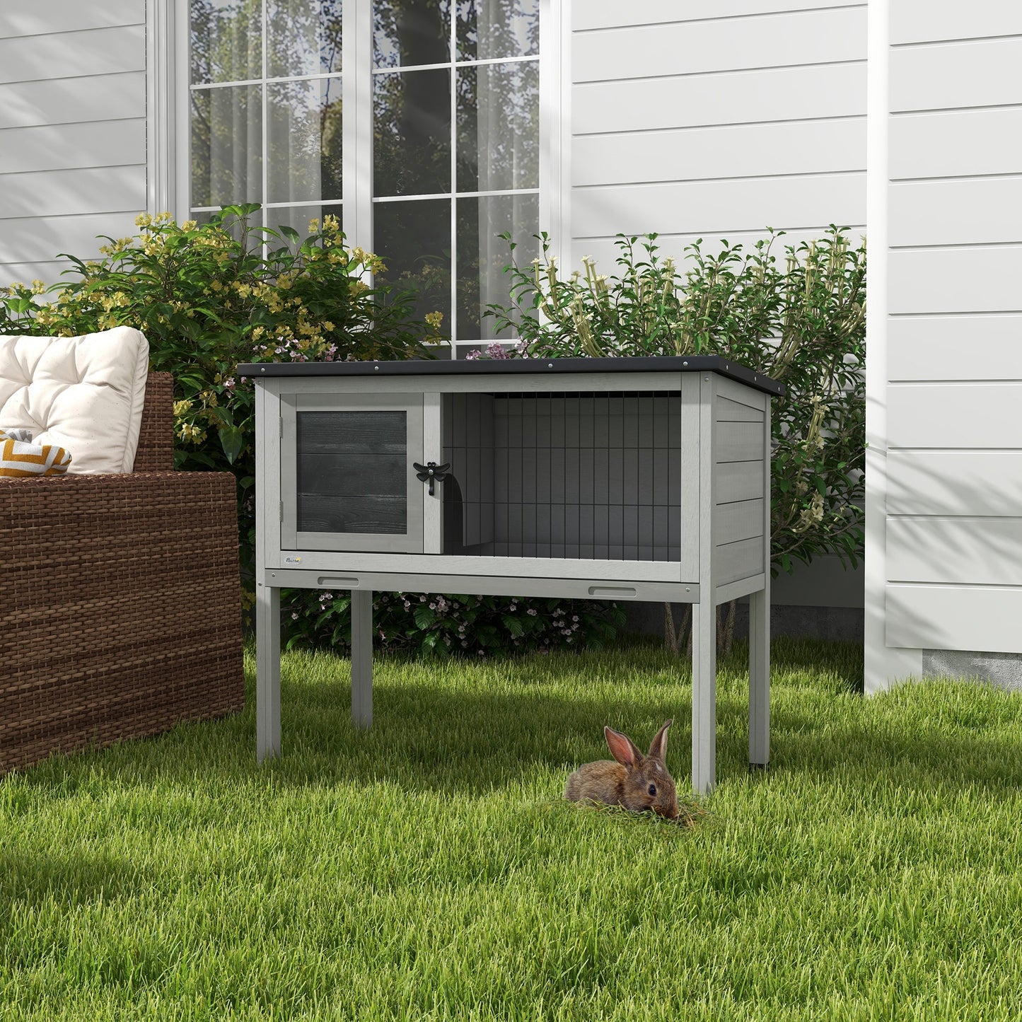 Wooden Guinea Pig Hutch, Small Animal Cage with Slide-out Tray, Openable Asphalt Roof, 84 x 43 x 70cm, Grey