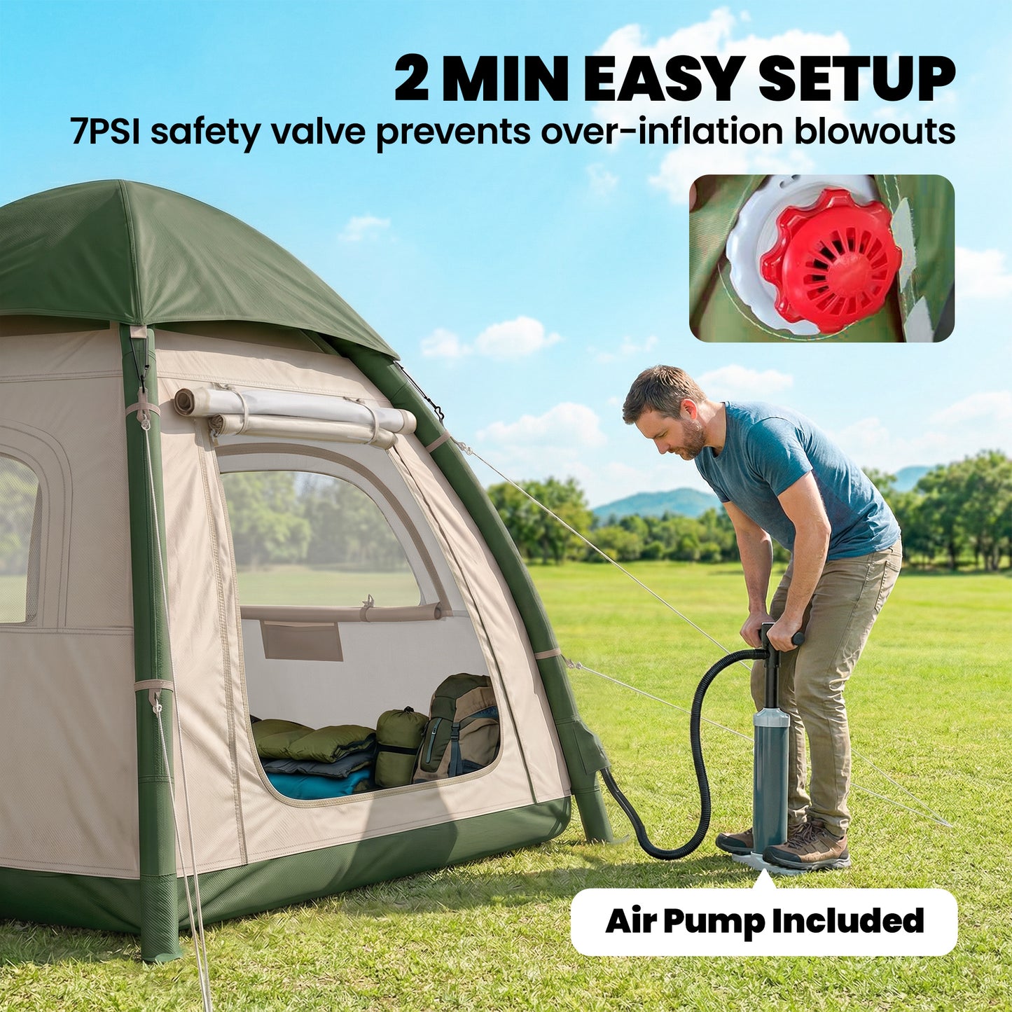 Inflatable Camping Tent with Rainfly, 3 Man Air Tent 3000mm Waterproof Blow Up Tents, Beige