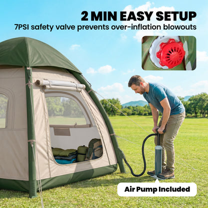 Inflatable Camping Tent with Rainfly, 3 Man Air Tent 3000mm Waterproof Blow Up Tents, Beige