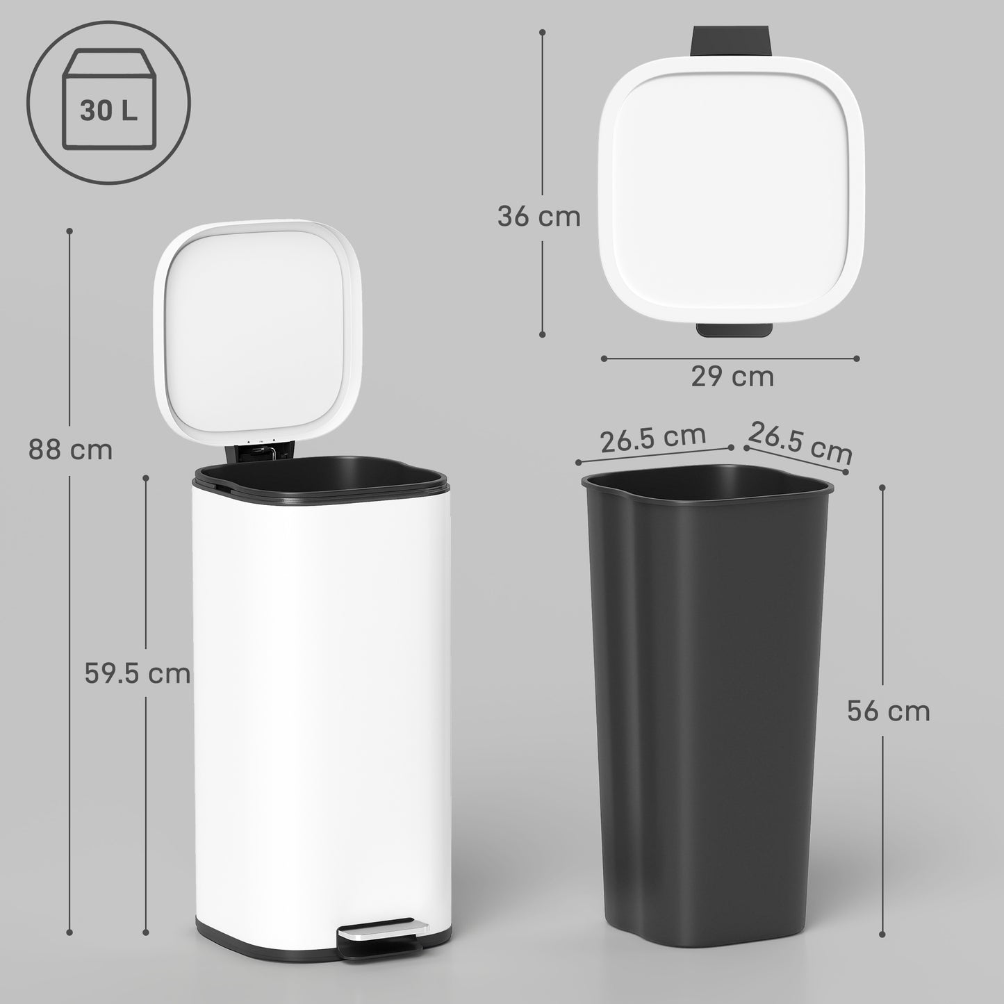 30L Kitchen Bin, Compact Pedal Bin with Soft-Close and Stay-Open Lid, Removable Bucket for Kitchen, Home, Office, White
